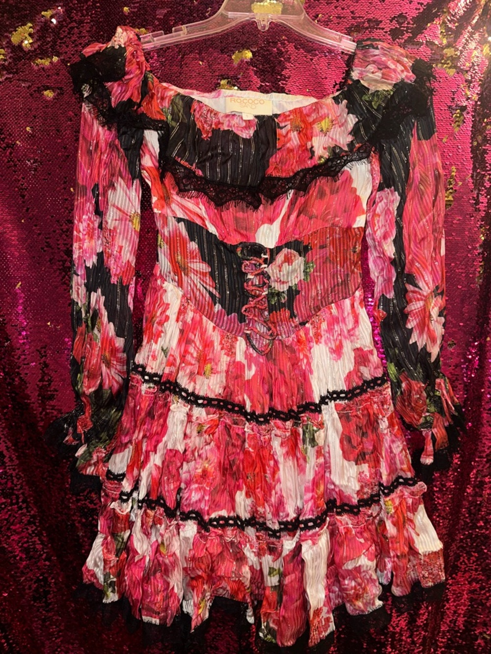 Rococo Sand Pink & Black Floral Lace-Trim Ruffle Mini Dress